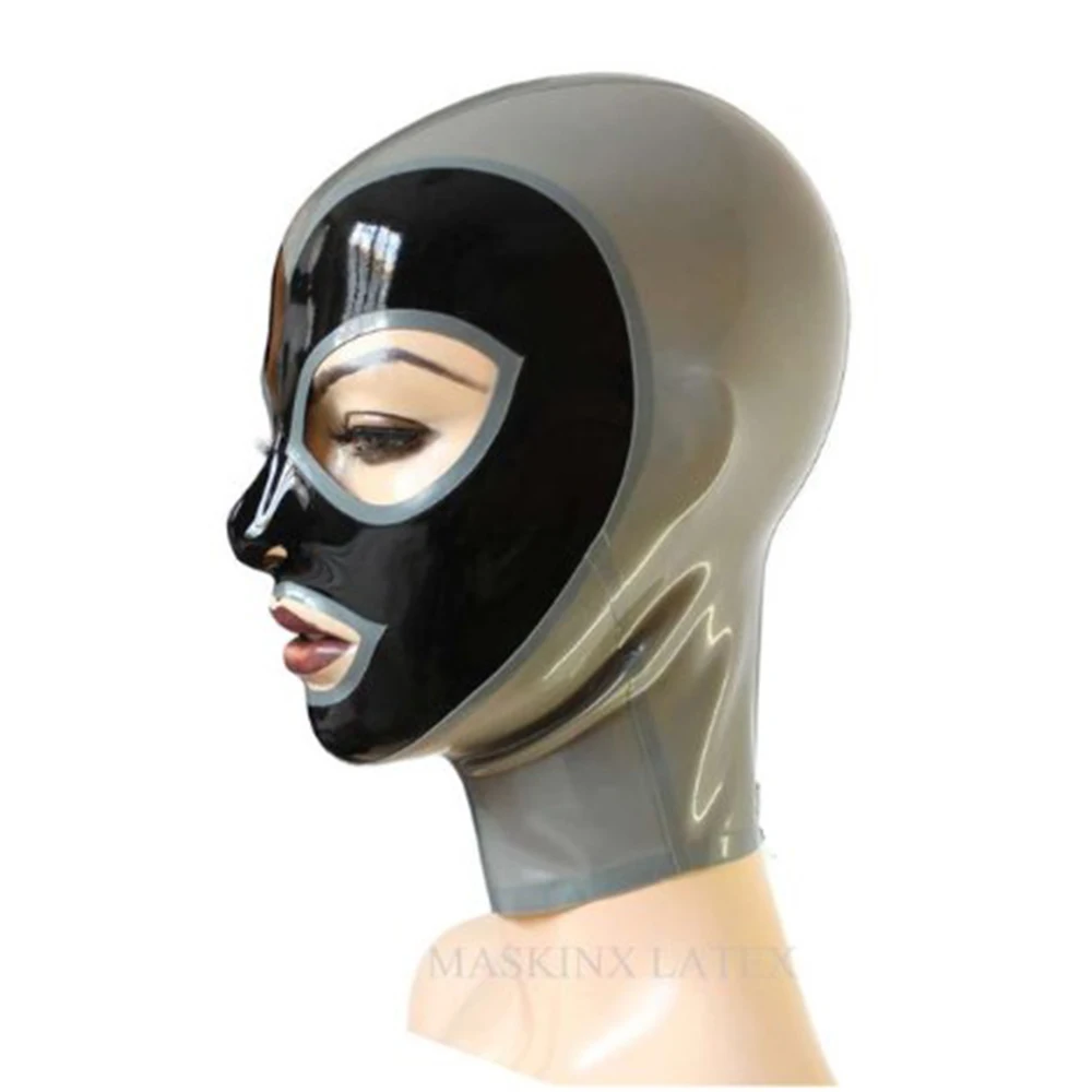 Gray head mask 100%Latex Hood Mask Rubber Hood with Zip on Back for Party