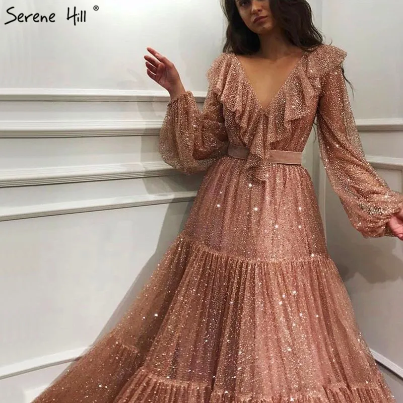 rose gold Дубай дизайнерское розовое золото v-образным вырезом Вечерние платья Новые Длинные рукава Роскошные Блестящие модные вечерние платья LA6671 - Цвет: rose gold