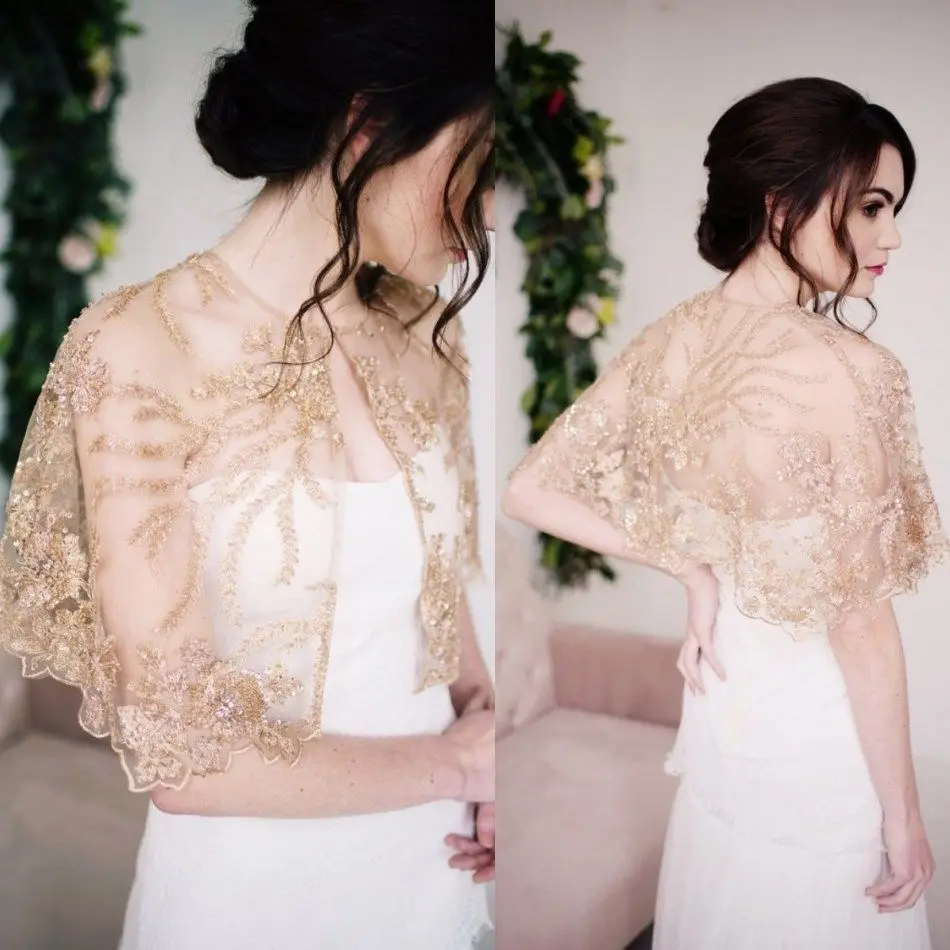 

New Luxury Custom Wedding Bolero Shawl Shrug Champagne Wrap Crystals Beading Lace Applique Women Cover Up Bridal Jacket