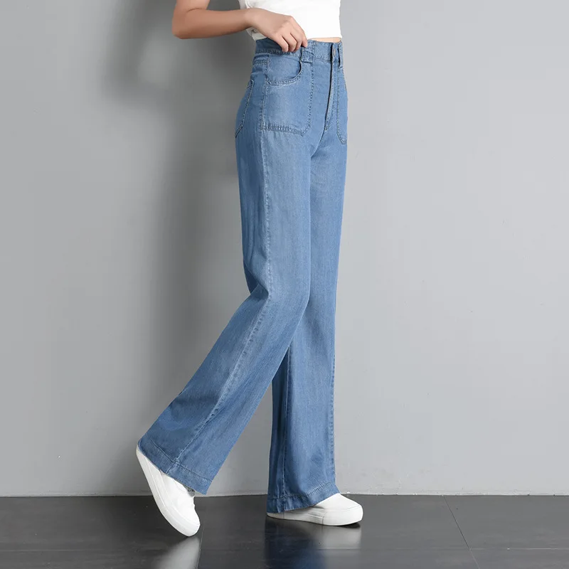

Summer new arrival high waist tencel jeans women's casual thin wide leg long pants large size loose thin jeans summer female