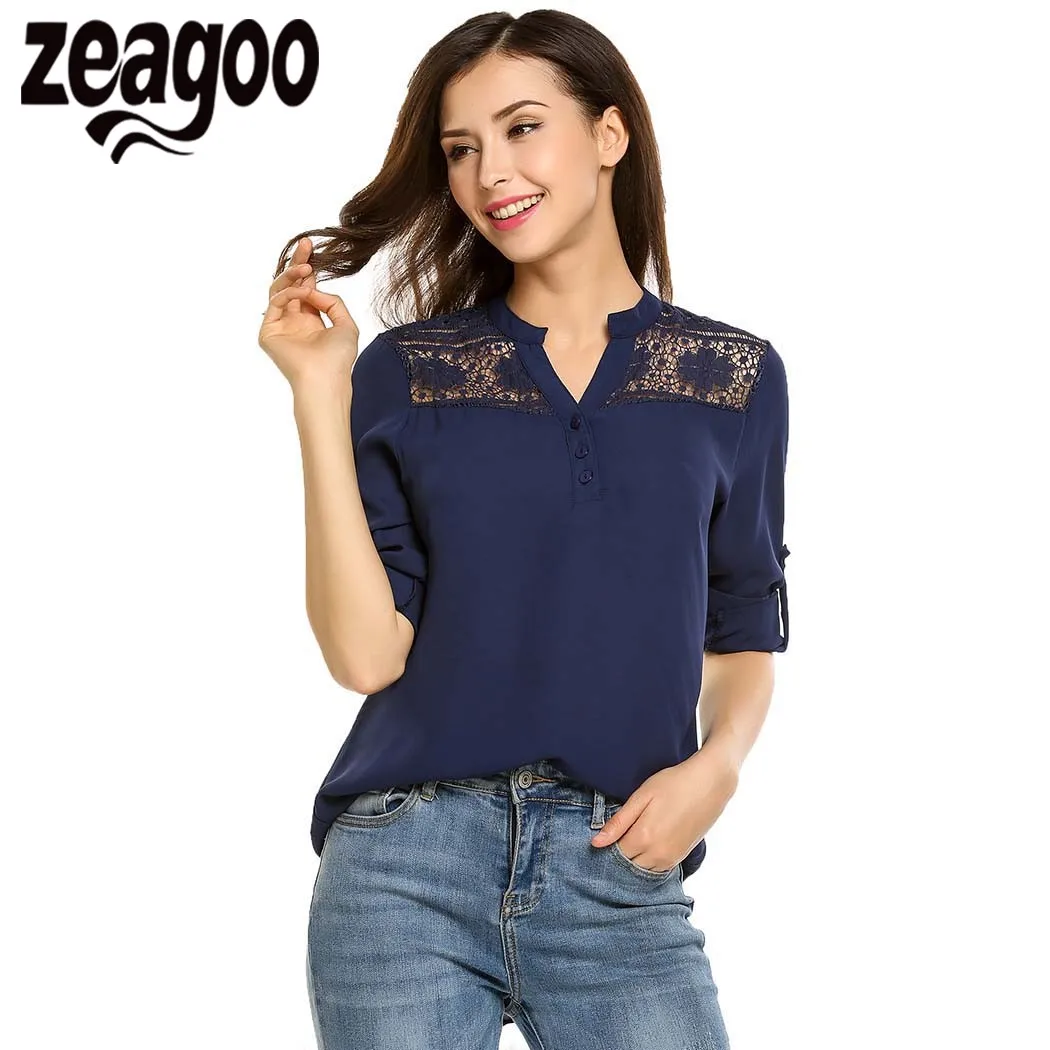 Zeagoo 2018 Summer Autumn Women V-Neck Sleeve ladies Fashion Elegant Blouses Lace Patchwork Blouse Shirt Casual Top |