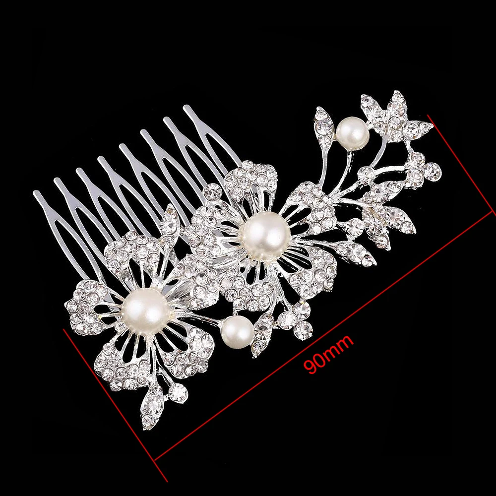 New Arrival Trendy Simulated pearl Double Flower Wedding Tiara Silver color Hair Combs Clips Bridal Accessories for women | Украшения и