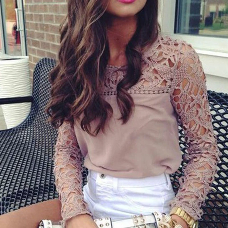 2017 T-shirt For Female Fashion Women O-Neck Sexy Lace Crochet Embroidery Tops Long Sleeve T-Shirts Khaki Casual Chiffon Tees | Женская