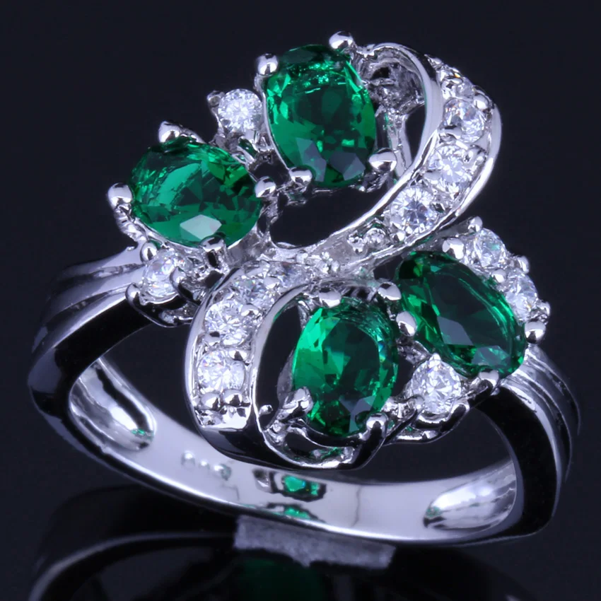 

Enchanting Plant Green Cubic Zirconia White CZ Silver Plated Ring V0146