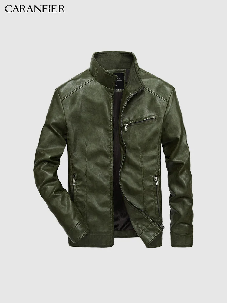 Green Velvet CARANFIER мужские кожаные куртки зимние плюс бархатные ВИНТАЖНЫЕ пальто Твердые стоячий воротник мотоциклетная молния карманы Верхняя одежда - Цвет: Green Velvet