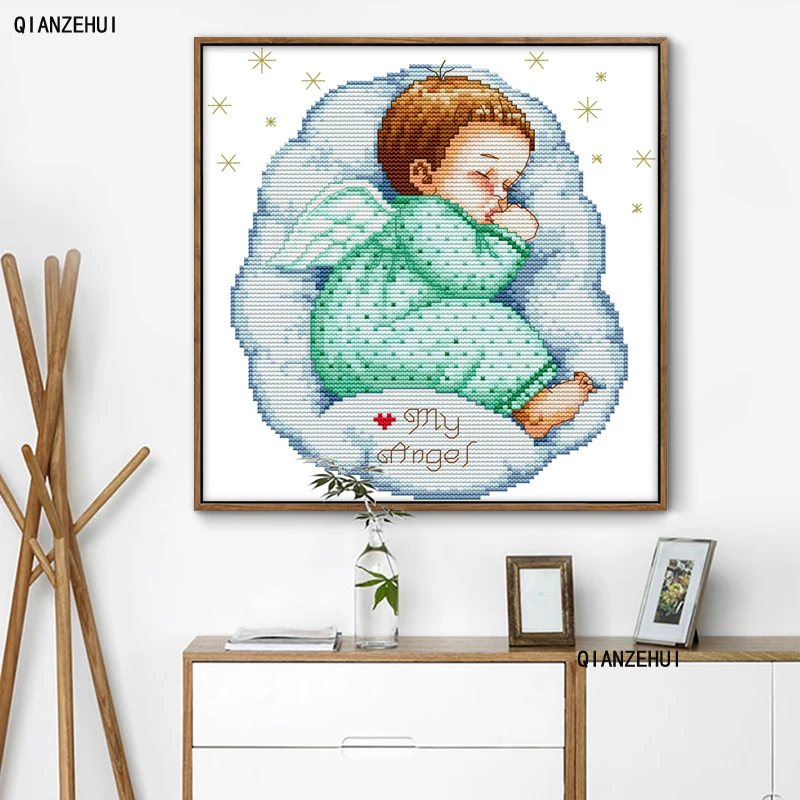 QIANZEHUI Needlework DIY characters Asleep angel boy and girl baby Cross stitch Sets For Embroidery kits Cross-Stitch Wall Decro | Дом и сад