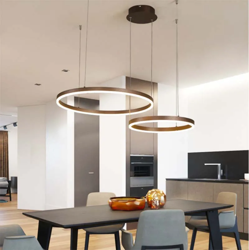 BOKT Modern Led Chandelier Lighting Gold Brown Living Room Dining Room Aluminum Body 1/2/3 Circle Rings Acrylic Hanging Lamp
