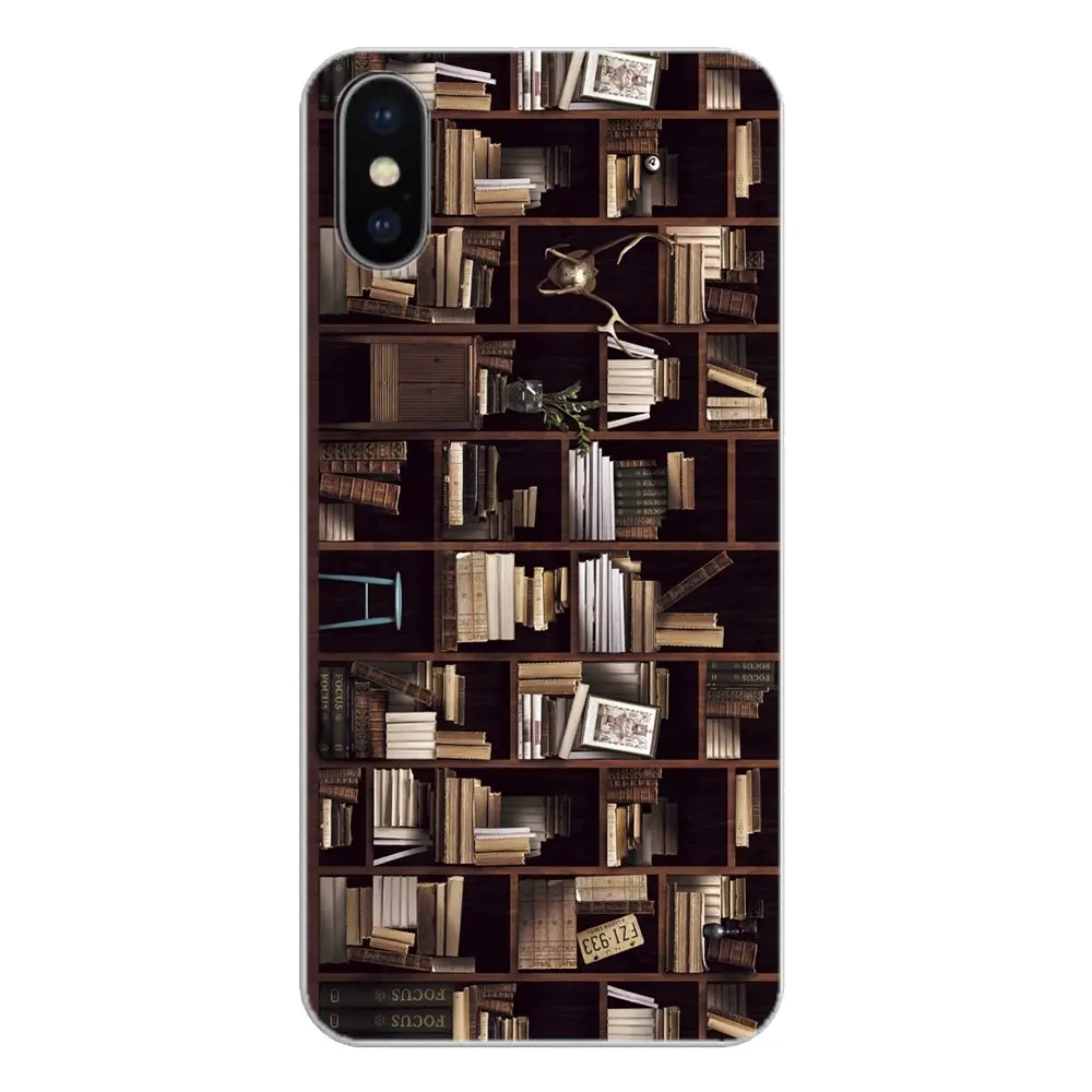 Retro Book Shelf Bookshelf Library Pattern For Samsung Galaxy A5 A6 A7 A8 A9 J4 J5 J7 J8 2017 2018 Plus Prime Silicone Skin Case |