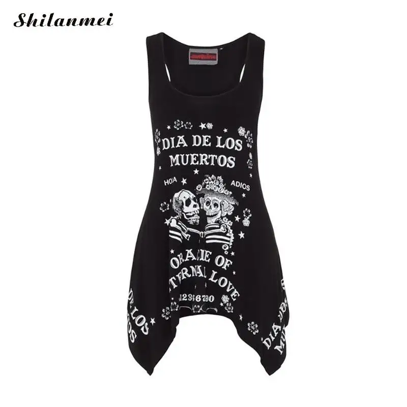 Plus Size Skull Graffiti Print Long Women Tshirt Punk 3D T Shirt Girl Summer Loose Irregular Hem Vest Tee Tops Streetwear | Женская