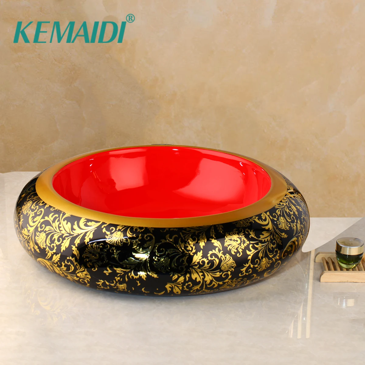 Роскошная керамическая раковина KEMAIDI для ванной комнаты Золотая круглая
