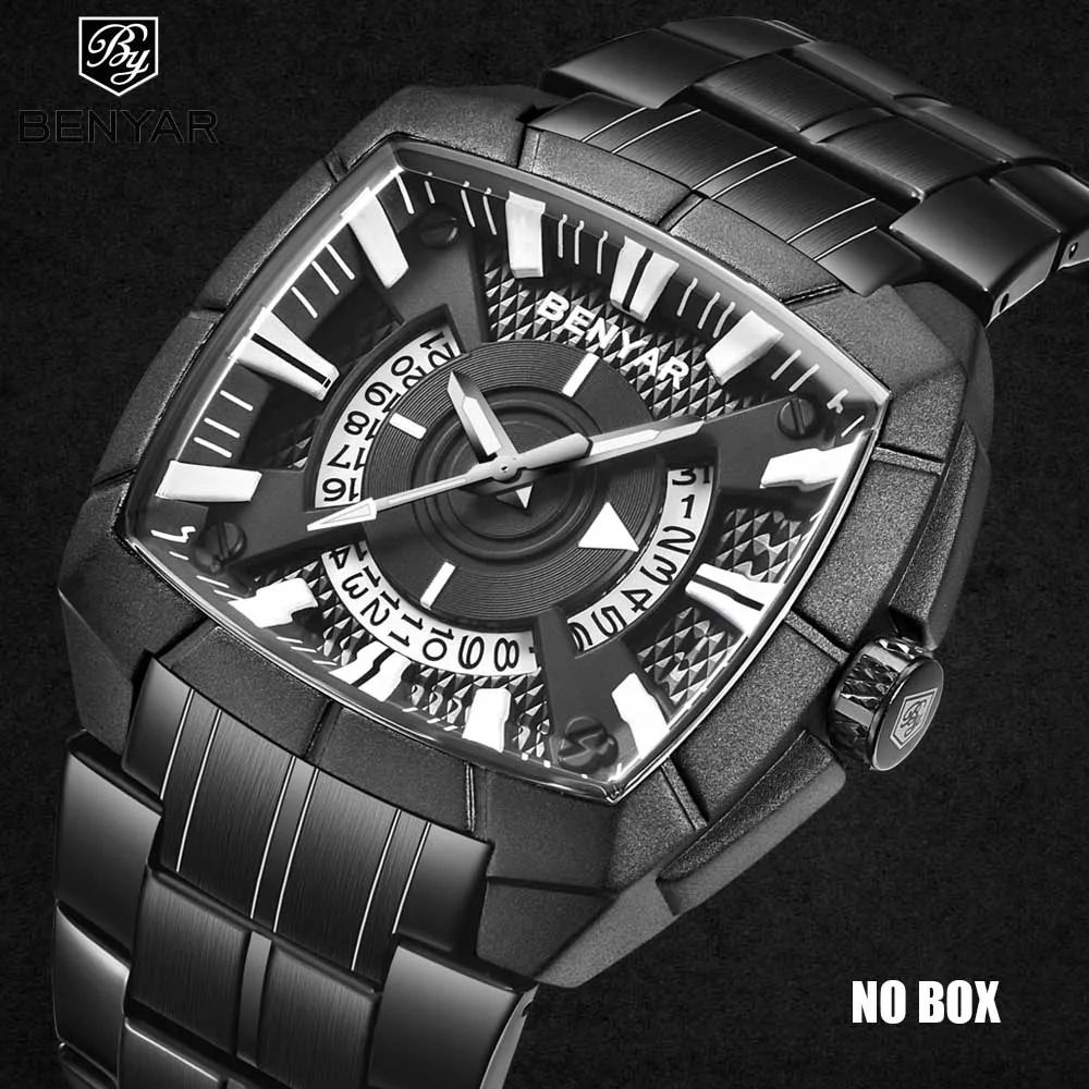 black NO BOX BENYAR мужские часы из нержавеющей стали модные мужские часы с датой и календарем спортивные золотые водонепроницаемые мужские кварцевые наручные часы - Цвет: black NO BOX