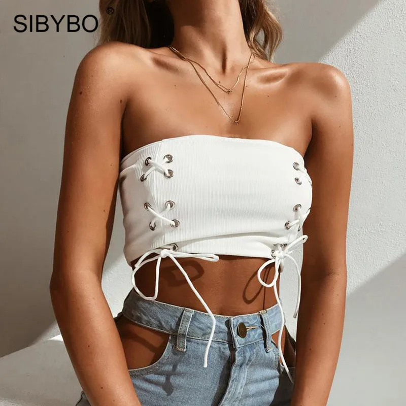 Женский топ без бретелей со шнуровкой Sibybo, повседневный короткий хлопковый укороченный топ бандажного кроя без бретелей на лето
