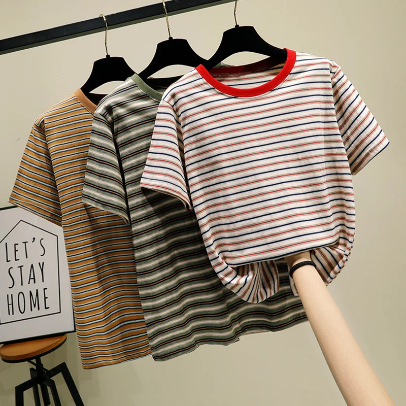 Женская Винтажная футболка в полоску из 100% хлопка шикарная уличная одежда с