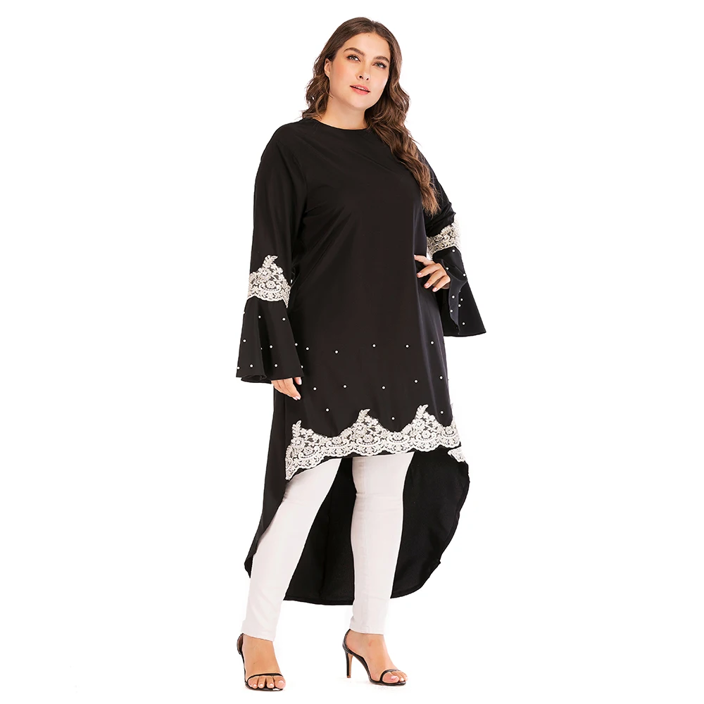 Babalet Muslim Women's Shirt Dress Large Size Islamic Arabian Lace Dubai Loose Long Sleeve Asymmetric Abaya Round Collar Beading |