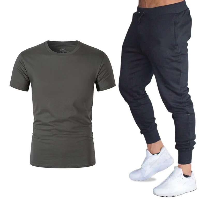 2019 new summer short men's casual suit sportswear solid color 17 round neck cotton patchwork T-shirt + trousers | Мужская одежда