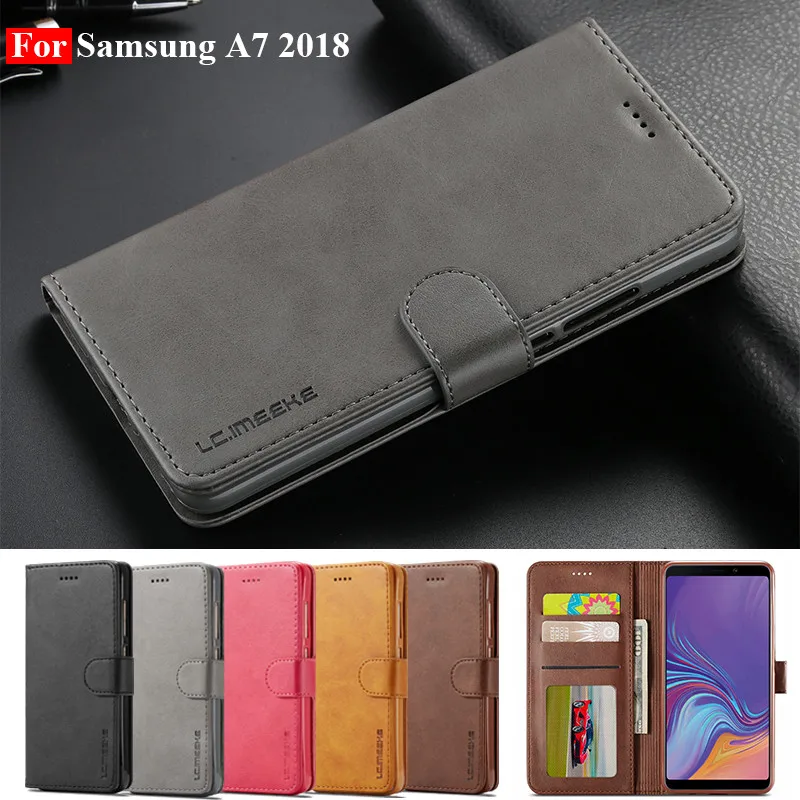 Кожаный чехол для Samsung Galaxy A7 2018 Винтажный телефона откидной Магнитный бумажник