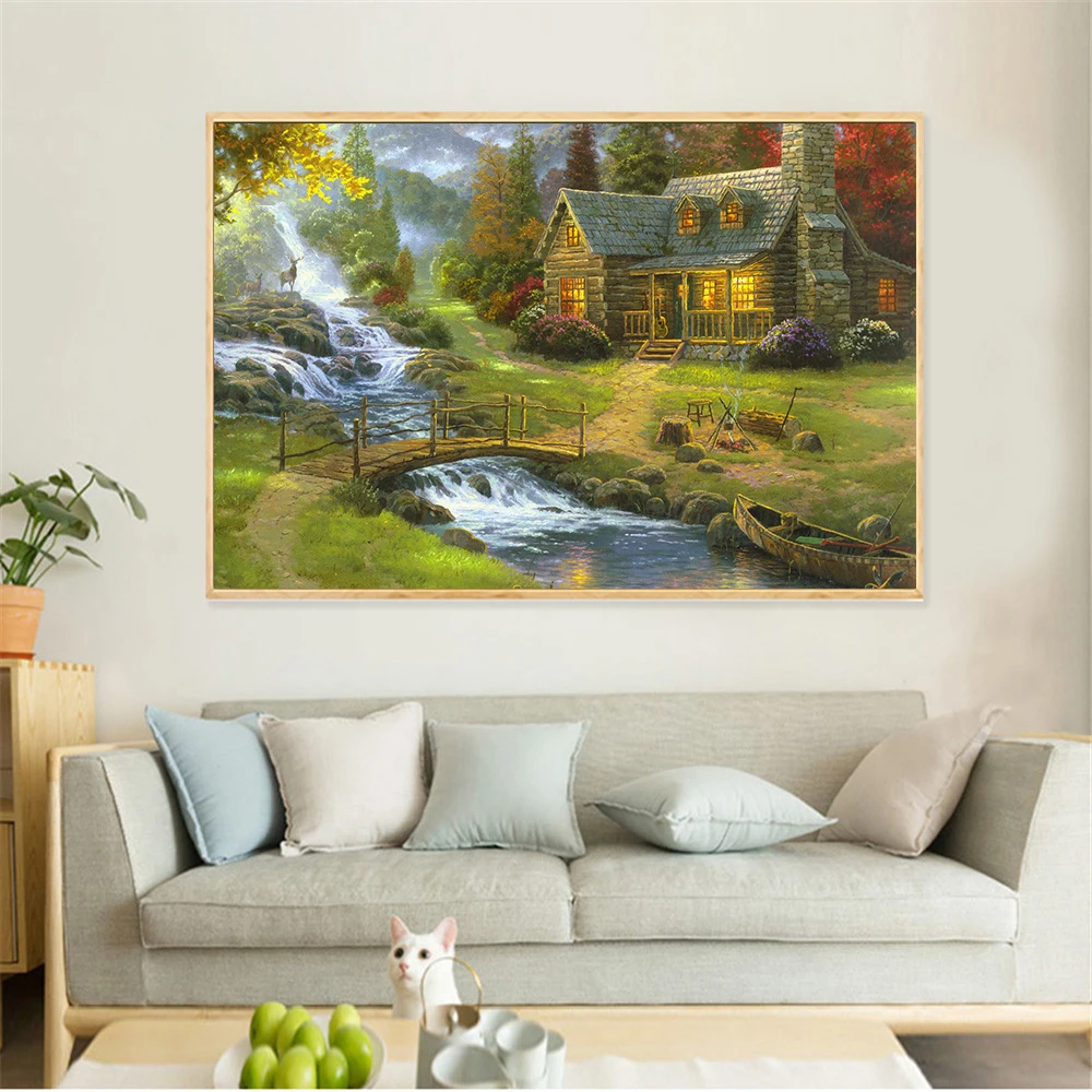 Абстрактная масляная живопись Thomas Kinkade мост плакаты и принты собор горный домик