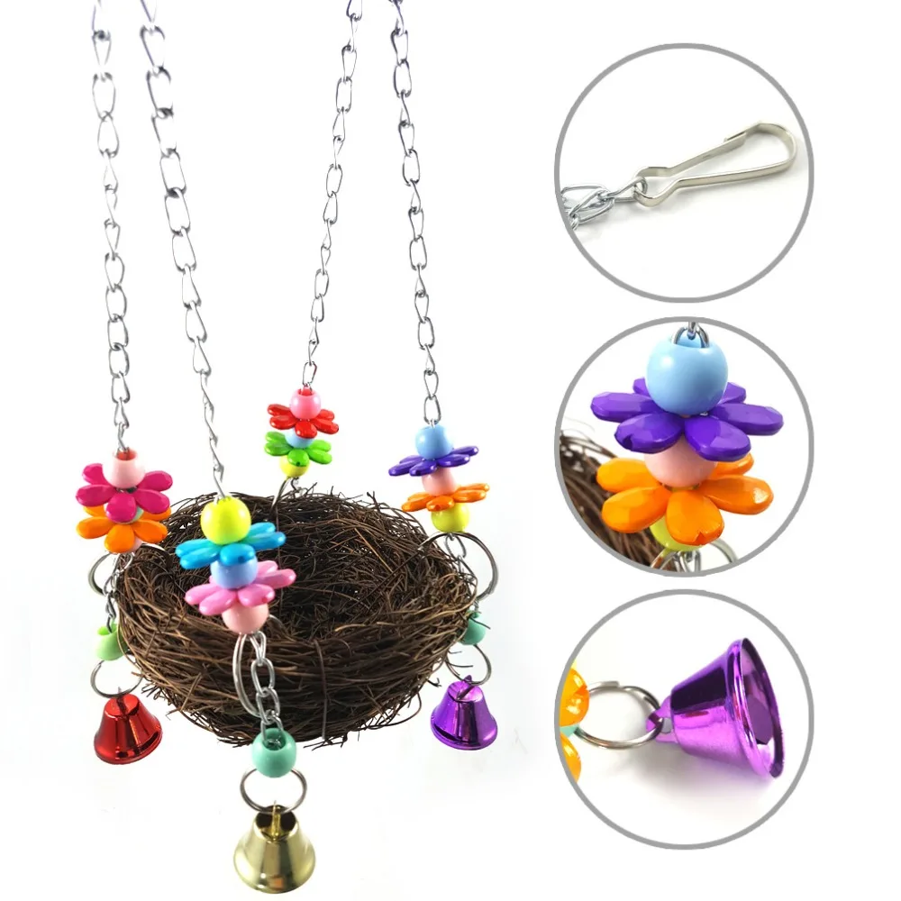 

Natural Rattan Nest Bird Swing Toy with Bells Cage Perch Stand for Parrot Budgie Parakeet Cockatiel Play Bite Climb Toys