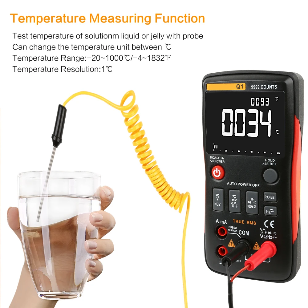 Q1 True-RMS Digital Multimeter Auto Button 9999 Counts With Analog Bar Graph AC/DC Voltage Ammeter Current Ohm Transistor Tester