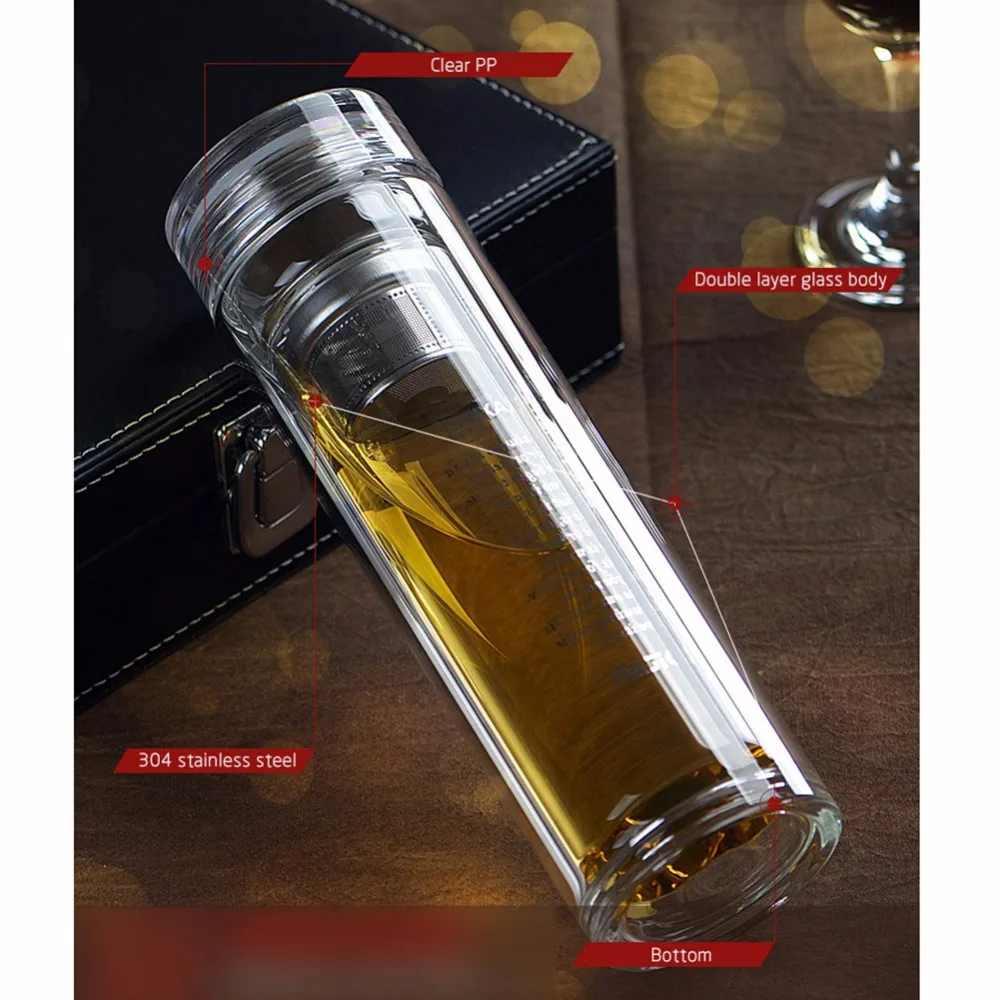 Двухслойная стеклянная бутылка для воды с чайным фильтром экологичное