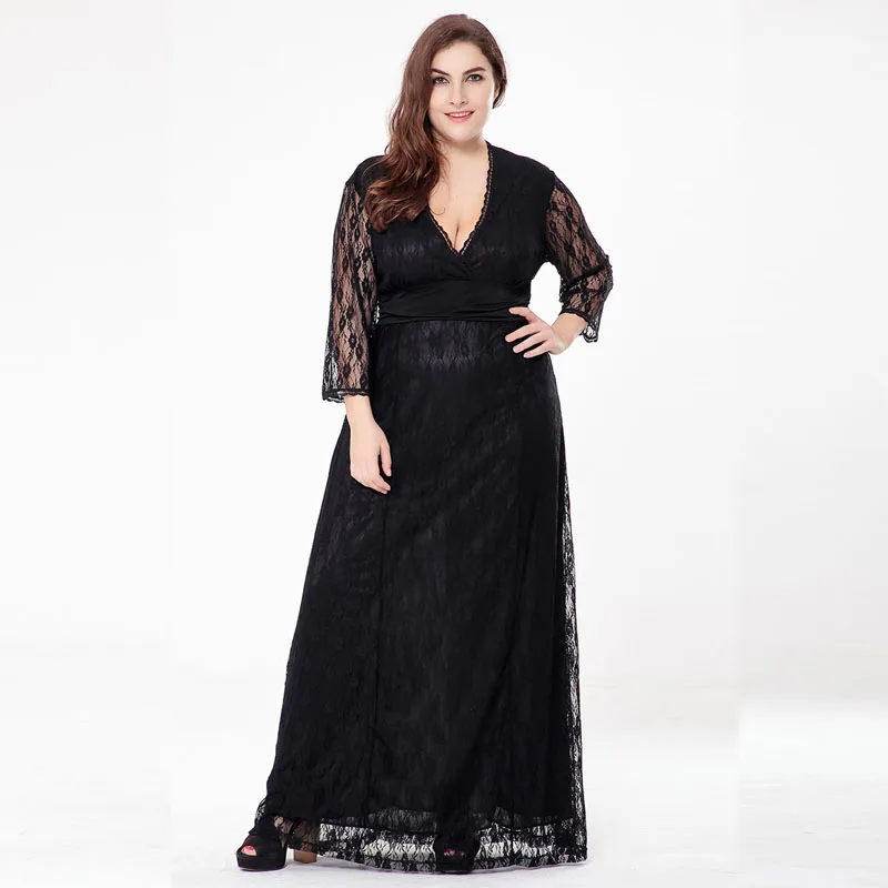 Платья размера плюс для женщин 4xl 5xl 6xl кружевное платье с длинным рукавом черное