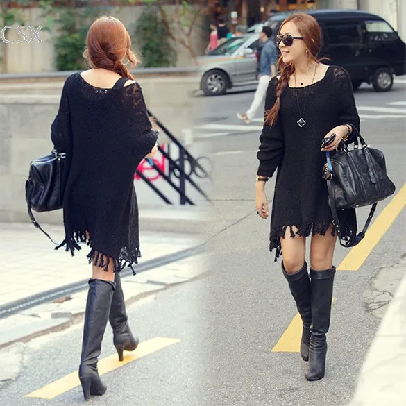 MwOiiOwM корейский женский бахромой подол свободный свитер-платье длинные вязаные