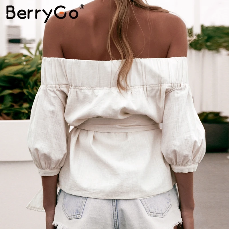 BerryGo сексуальная летняя блузка с открытыми плечами рубашка женская кнопки в
