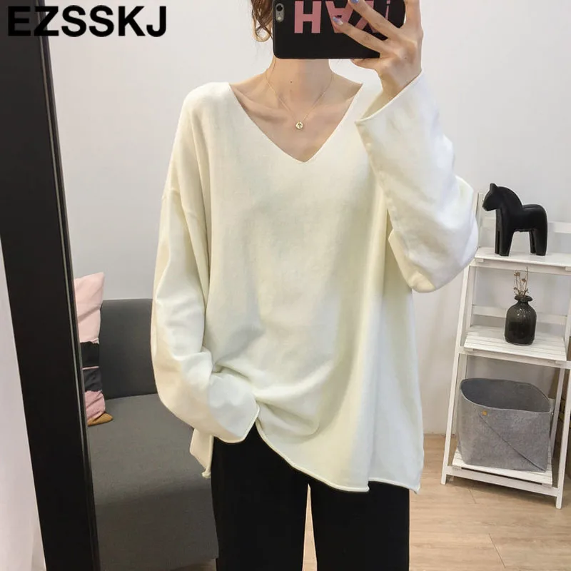 High Quality V-NECK spring autumn oversized Sweater Pullover Women big size Solid Knitted casual Female lazy | Женская одежда