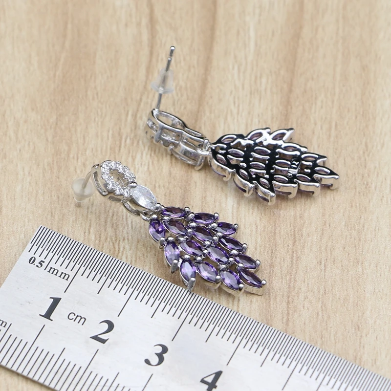 Серьги из серебра 925 пробы с фиолетовым кубическим цирконием и камнями серьги
