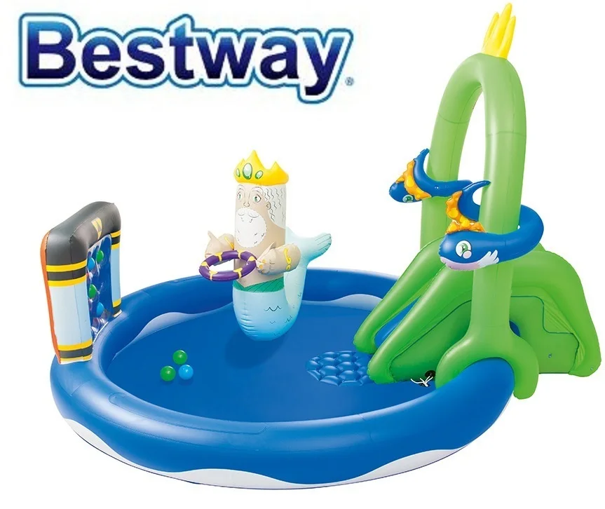 53057 Bestway 231x193x150 см надувной пластиковый бассейн с распылителем горкой корзиной