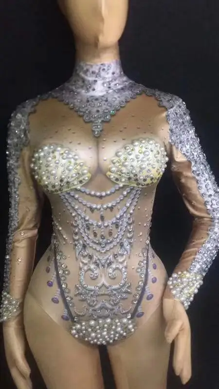 Women New 3D Printing Pearls Sexy Bodysuit Nude Stretch Outfit Celebrate Glisten Leotard Rhinestones Costume Singer Wear | Тематическая