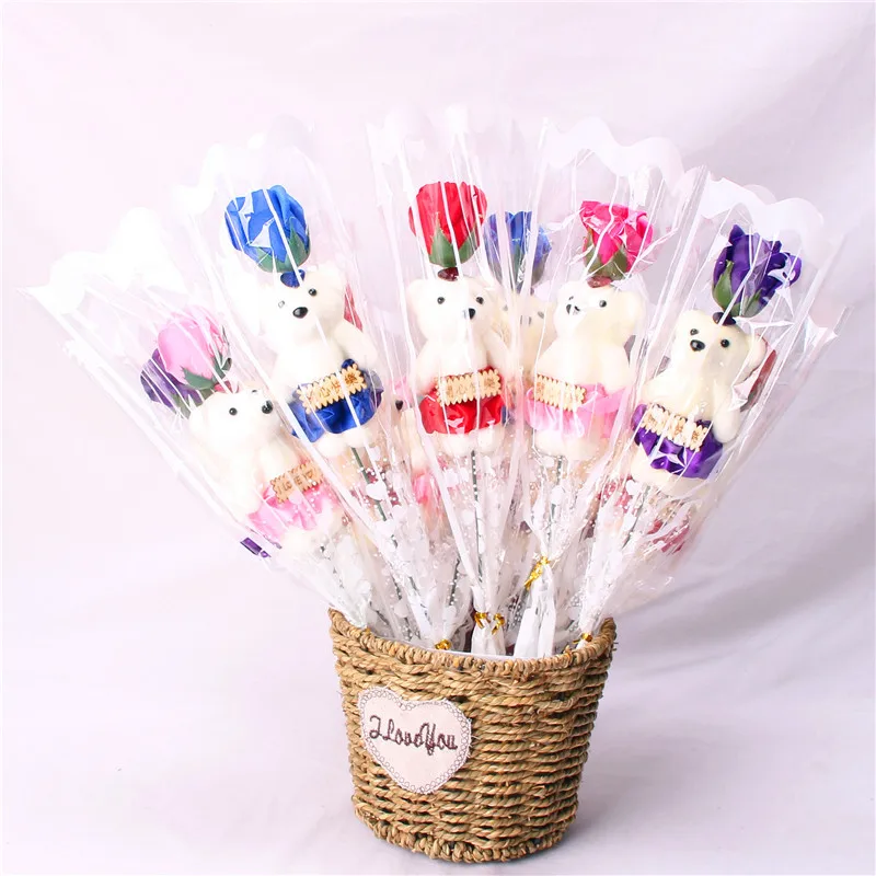 

Colorful Soap Rose Flowers with Cute Bear for Valentines Day Party Single Bouquet Gift W9104
