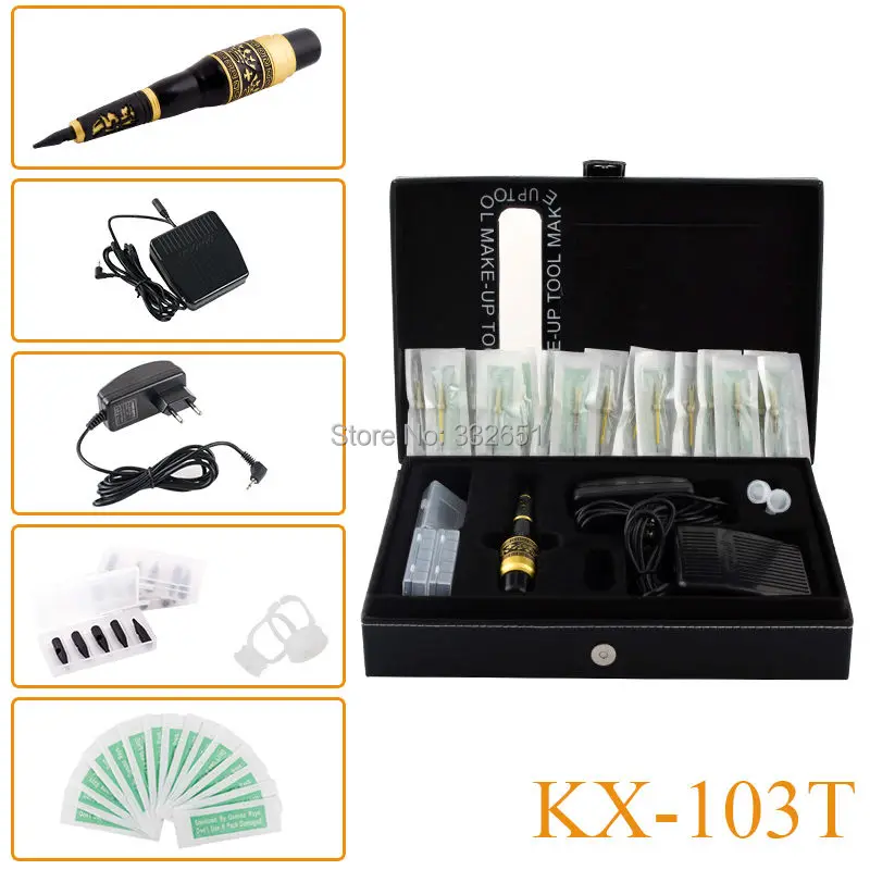 KX-103T Complete Rotary Makeup Tattoo Machine Kits Permanent Makeup Eyebrow Machines Cosmetic Rotary Pen Kit with EU or US Plug