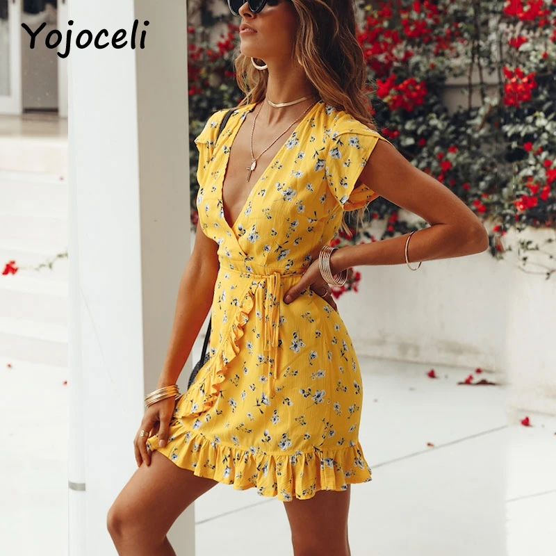 Yojoceli летнее платье с v образным вырезом и цветочным принтом для женщин 2018