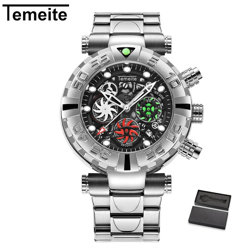 Temeite 7 with box Temeite часы мужские деловые повседневные золотые креативные полые Кварцевые часы водонепроницаемые военные наручные часы Мужские часы с хронографом - Цвет: Temeite 7 with box