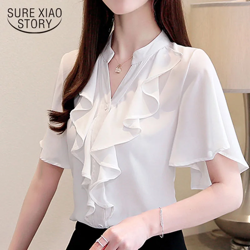 

Fashion women blouse and tops 2021 chiffon blouse shirts ladies tops white shirts plus size women V-Neck Ruffles 3780 50