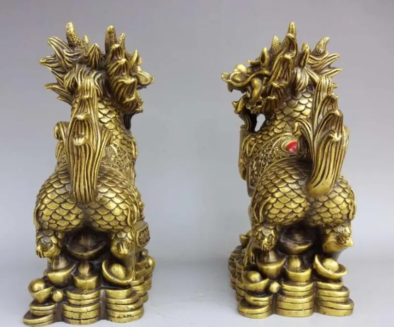 Китайский латунный Медь Feng Shui резной охранник зла Kylin QiLin пара статуй зверей | Дом