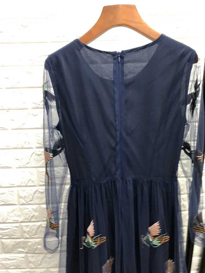 

High Quality New 2019 Autumn Long Party Evening Vestidos Special Occasion Women Cute Birds Embroidery Long Sleeve Maxi Dress