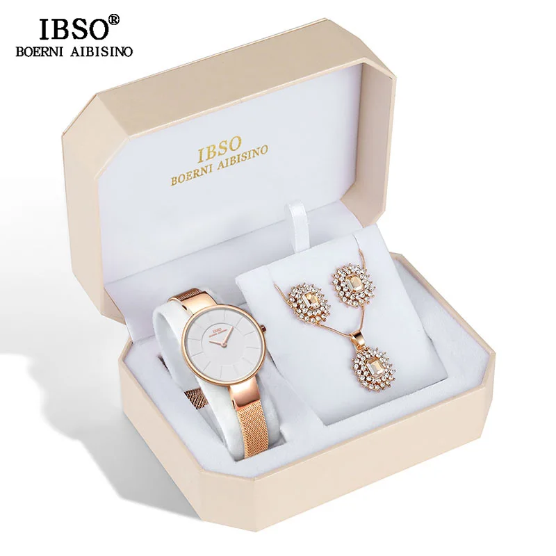 IBSO, роскошный женский набор, серьги, ожерелье, часы,, новая мода, нержавеющая сталь, женские часы с ювелирным набором, подарки для женщин - Цвет: 2249 watch with set