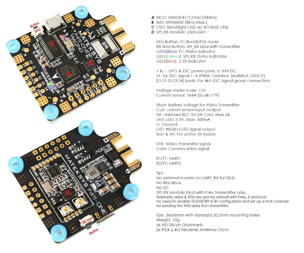 Matek Systems F411-ONE Flight Controller features STM32F411 BFOSD SPI Receiver(Frsky_X) Current Sensor in ONE 30.5*30.5mm F4 | Игрушки и