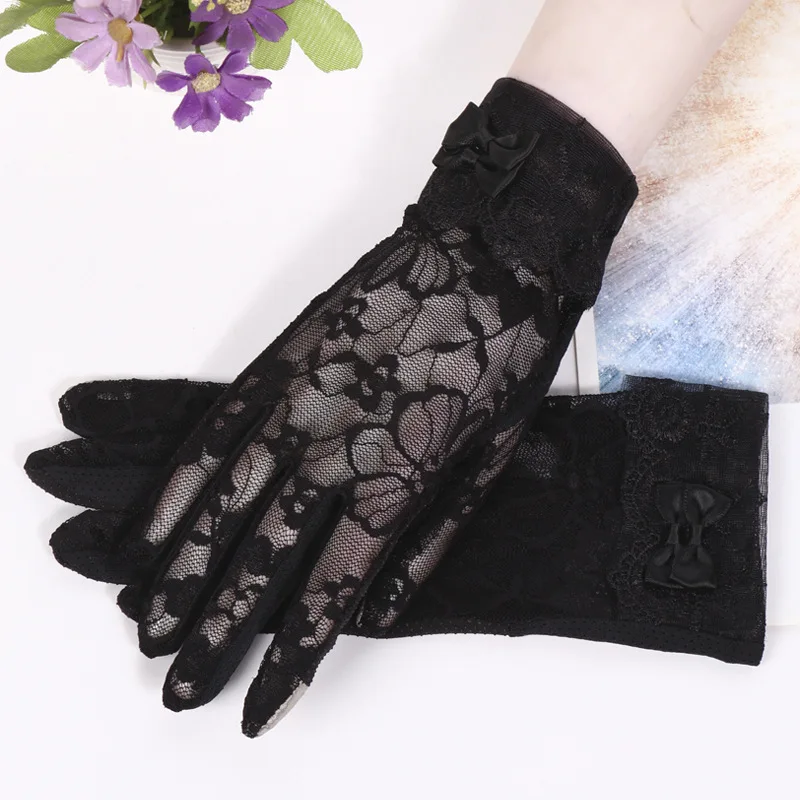 2 Bow Black Кружевные летние солнцезащитные Короткие наручные перчатки, весенние модные перчатки с сенсорным экраном и УФ-защитой от солнца, перчатки для вождения автомобиля, вечерние женские перчатки Guantes Mujer - Цвет: 2 Bow Black