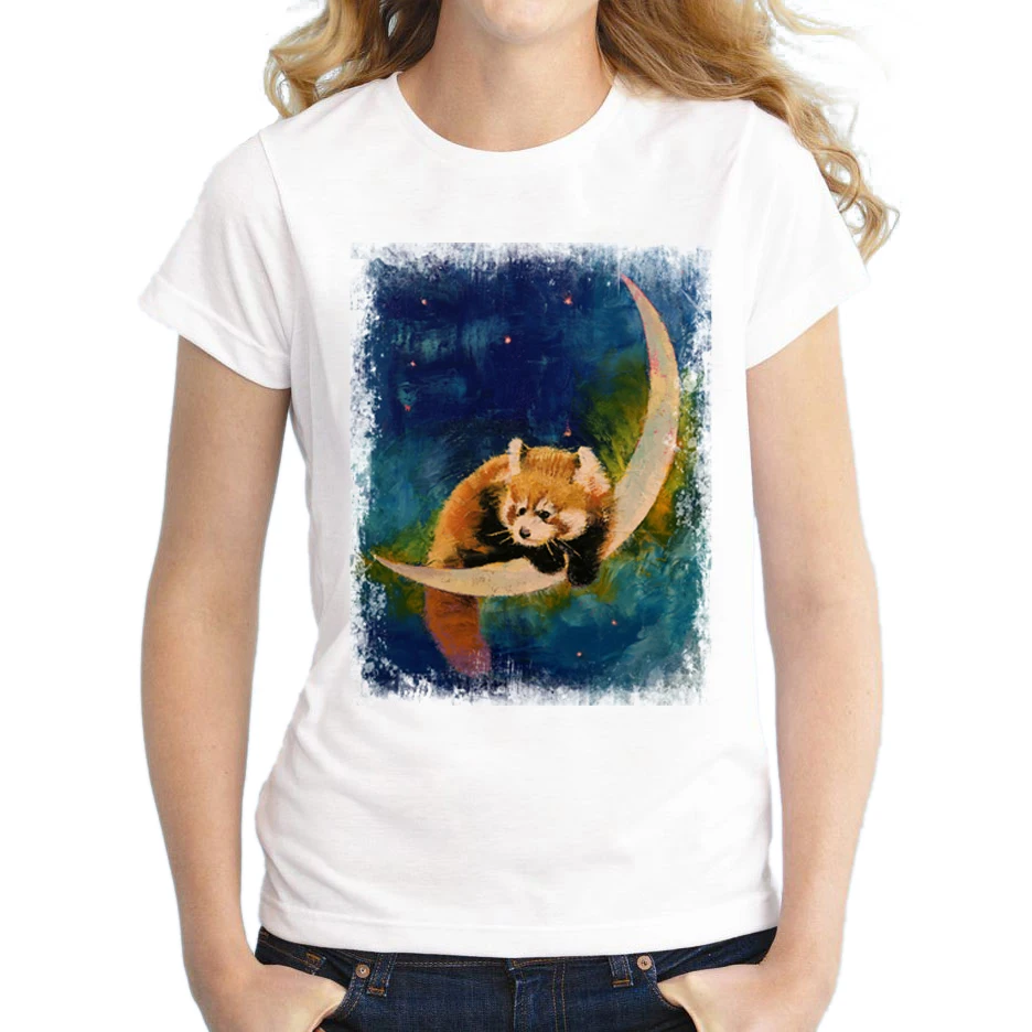 Новинка 2018 модная женская футболка с принтом Красной панды и Луны Повседневная