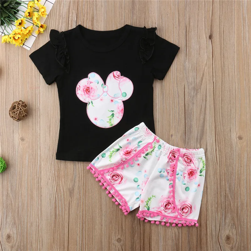 Cute Kid Baby Girl Mini Mouse Clothes T-shirt Tops +Flower Shorts Sunsuit Outfit Set Ruffles Short Sleeve Cotton Summer | Детская одежда