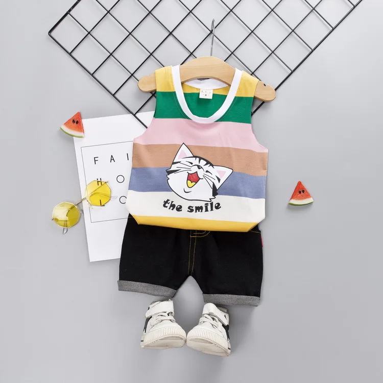 Коричневый Toddler Boy Clothes Children's Summer New Cartoon Pullover Vest Shorts Two-piece Boy's Children's Sleeveless Vest Suit - Цвет: Коричневый