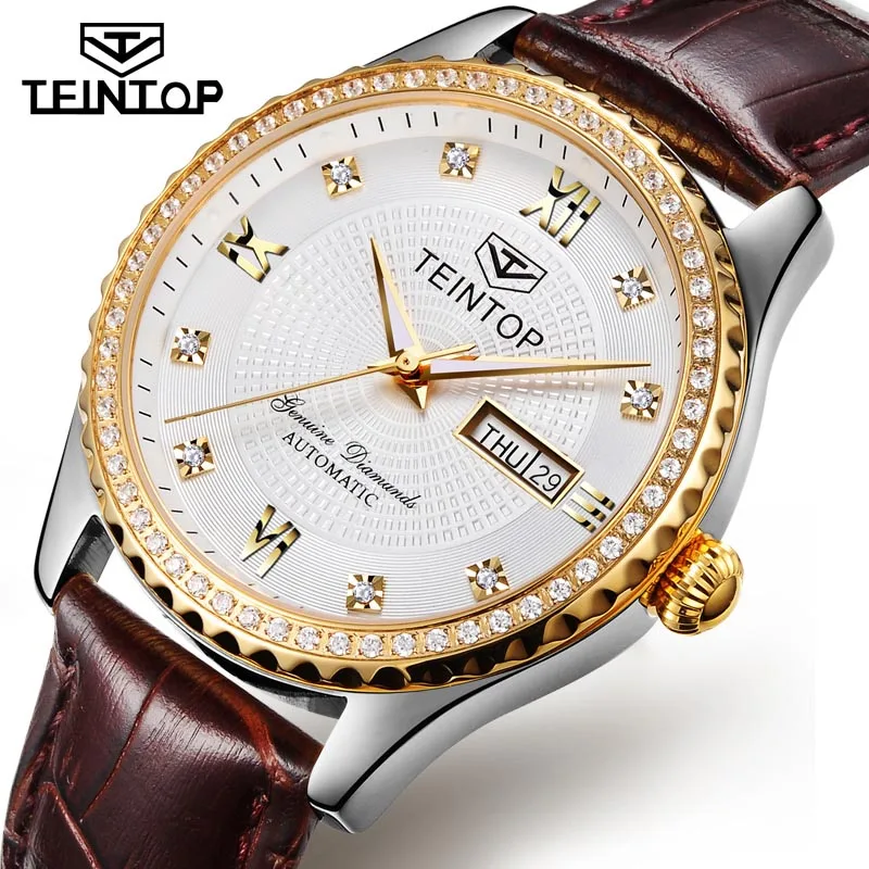 TEINTOP модные автоматические женские часы, золотые полностью стальные механические часы с бриллиантами, женское платье, relojes femeninos - Цвет: Brown White Men