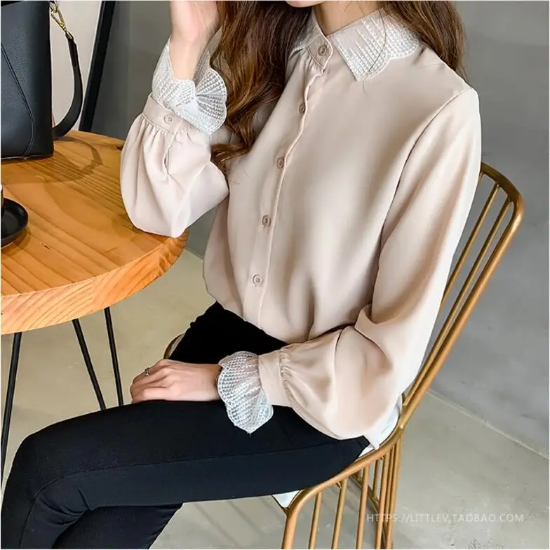 Blusas Mujer De Moda, кружевная шифоновая блузка с длинным рукавом в стиле пэчворк, женские рубашки, повседневные рубашки размера плюс, Женские топы и блузки
