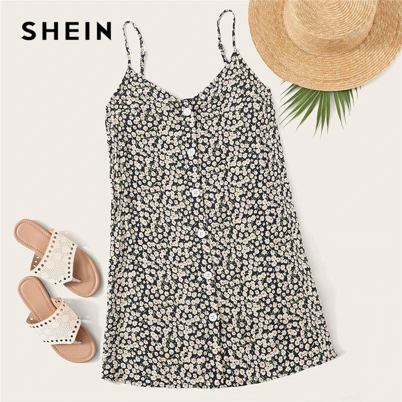 SHEIN Цветочное Платье На Бретелях С Пуговицами, Сарафан С Цветочным Принтом, Летнее Повседневное Прямое Платье