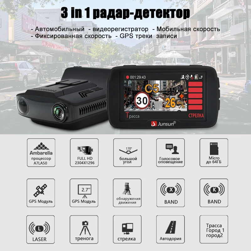 Junsun радар детектор 3 в 1 Автомобильный dvr детекторы для России Ambarella GPS камера видео