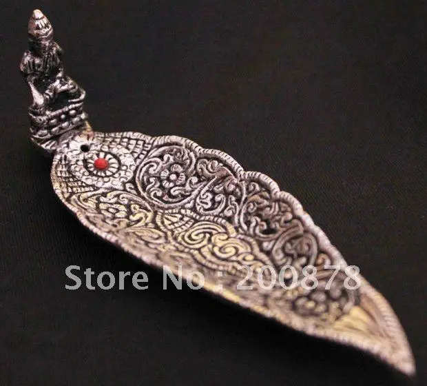 HDC0644  Indian White Metal Copper Antiqued Vintage Ganesh Incense stick stand,5''long,family decor arts leaf holder
