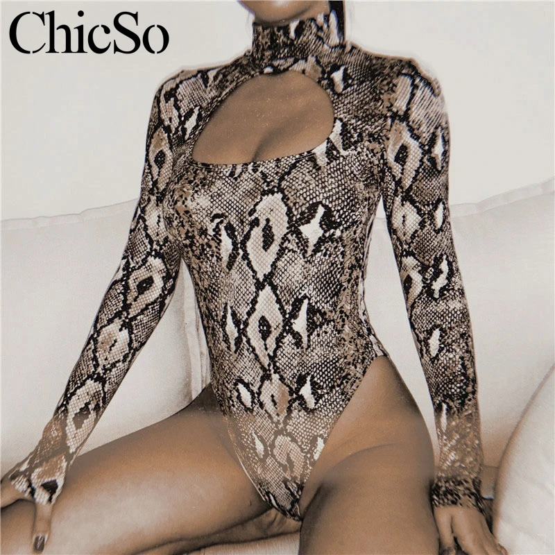 Missychilli Snake print long sleeve bodysuit Women winter one-piece sexy Autumn hollow out playsuit rompers overalls |